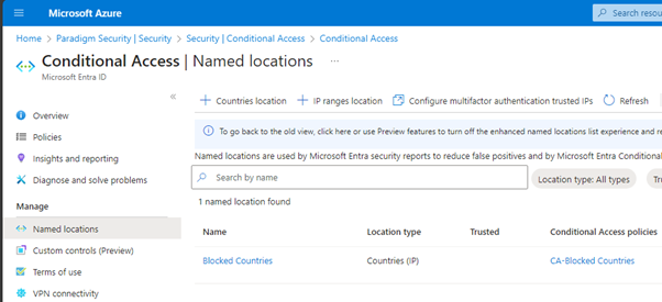 Conditional Access Named Locations configuration in Azure portal
